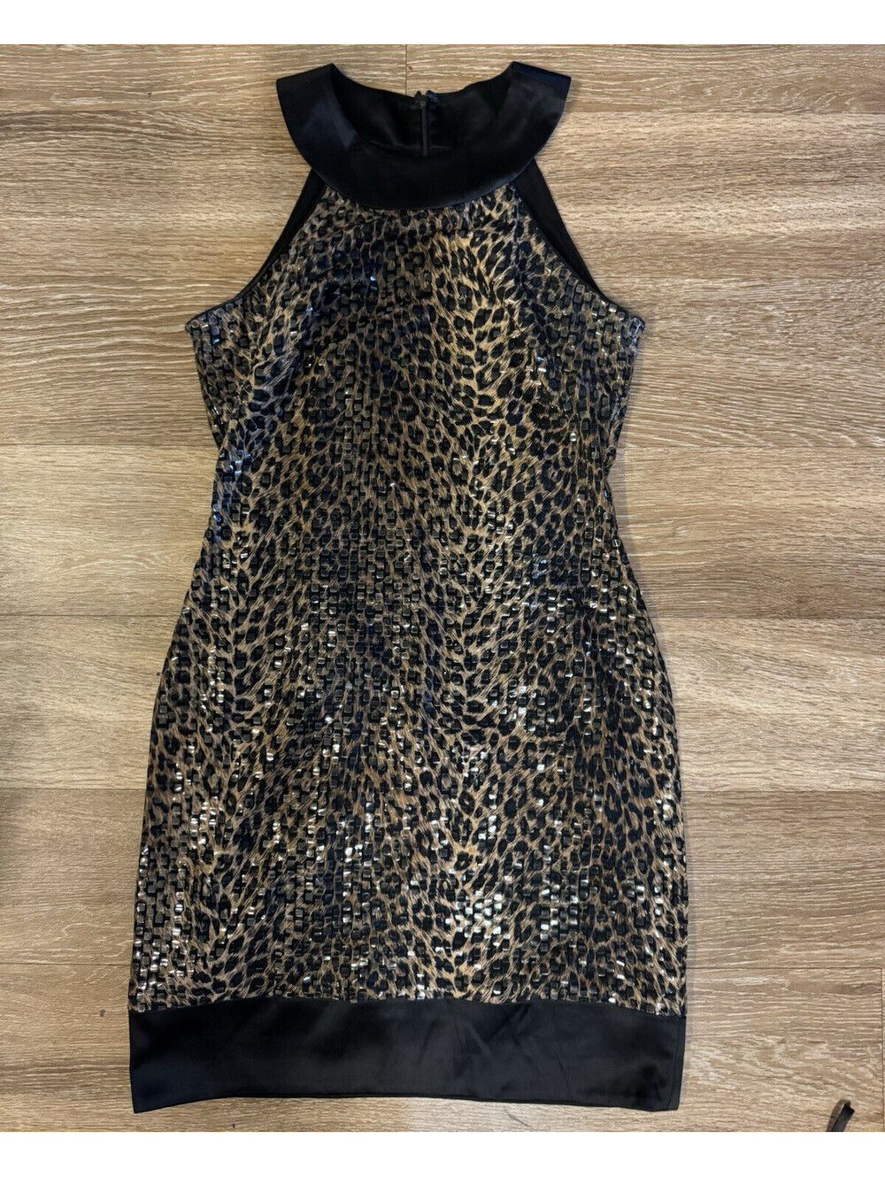 Cache Women’s Dress Size 8 Leopard Sequin Satin Halter Bodycon Mini Lined